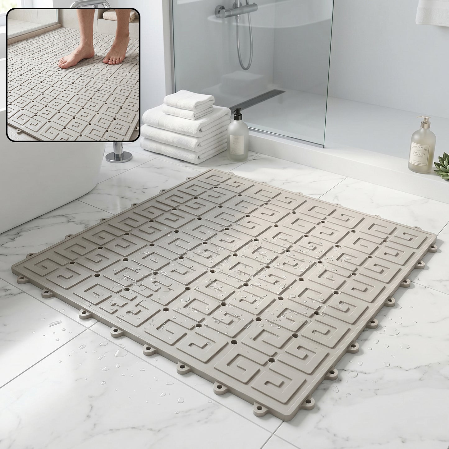 Grey non-slip bathroom mat with textured surface and drainage holes for safety in wet areas