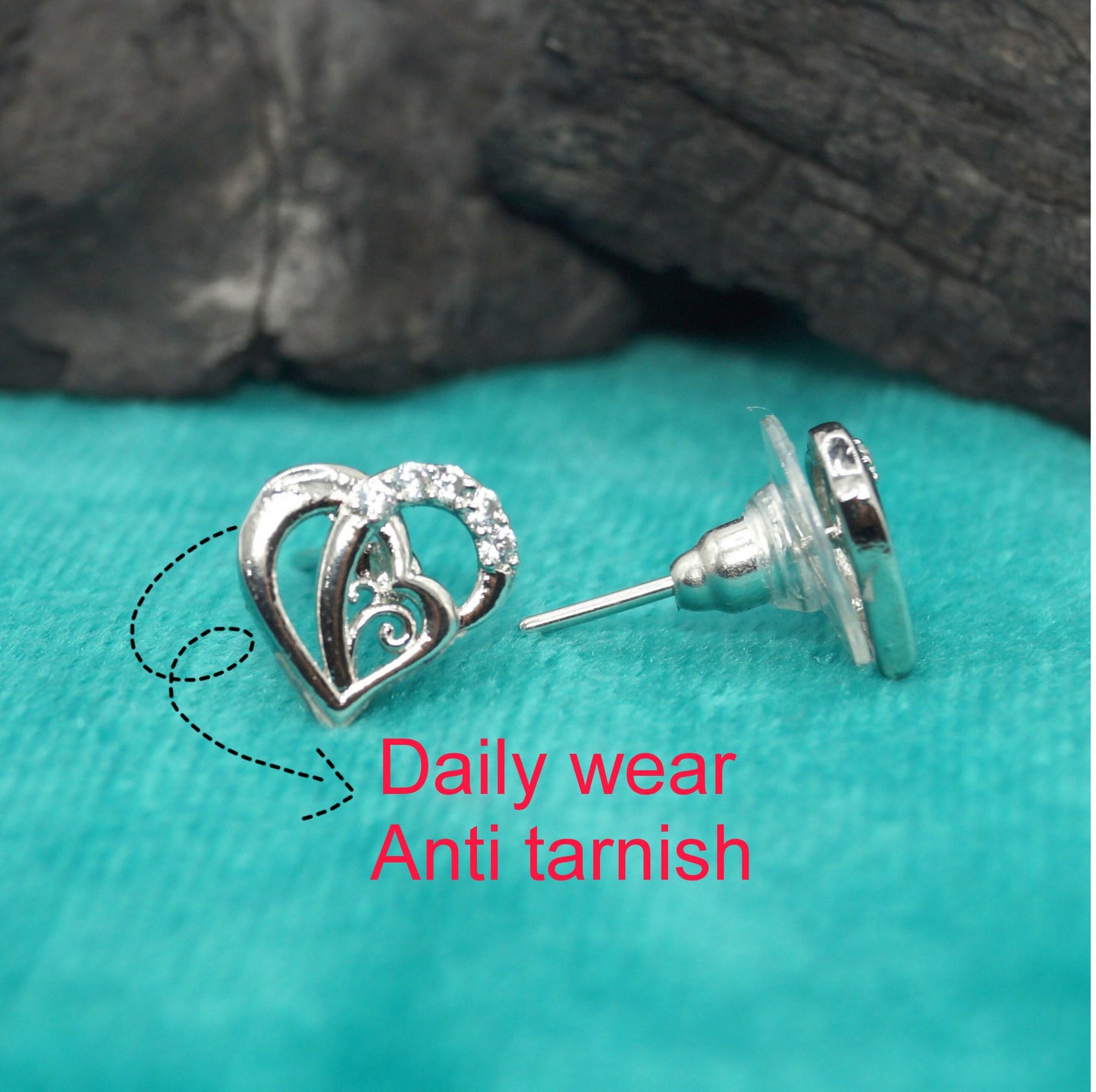 Silver-Plated Heart Stud Earrings with AD for women and girls