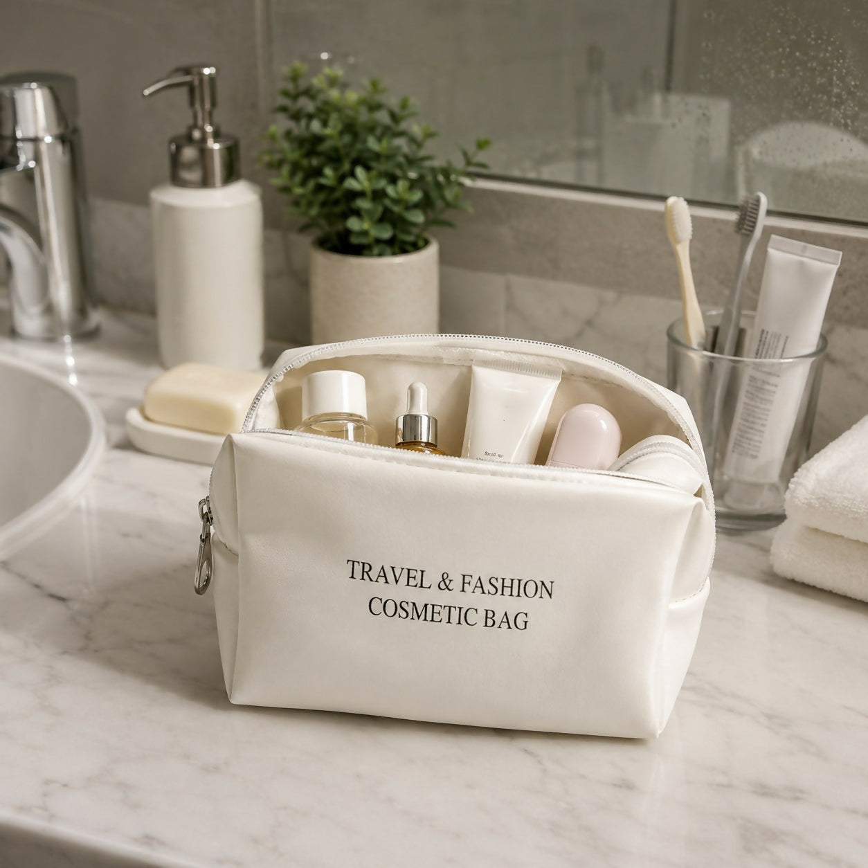 Travel cosmetic makeup pouch with zipper organizer in neutral color