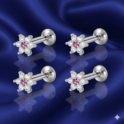 Close-up of ruby red center and crystal petals in silver plated flower stud earring