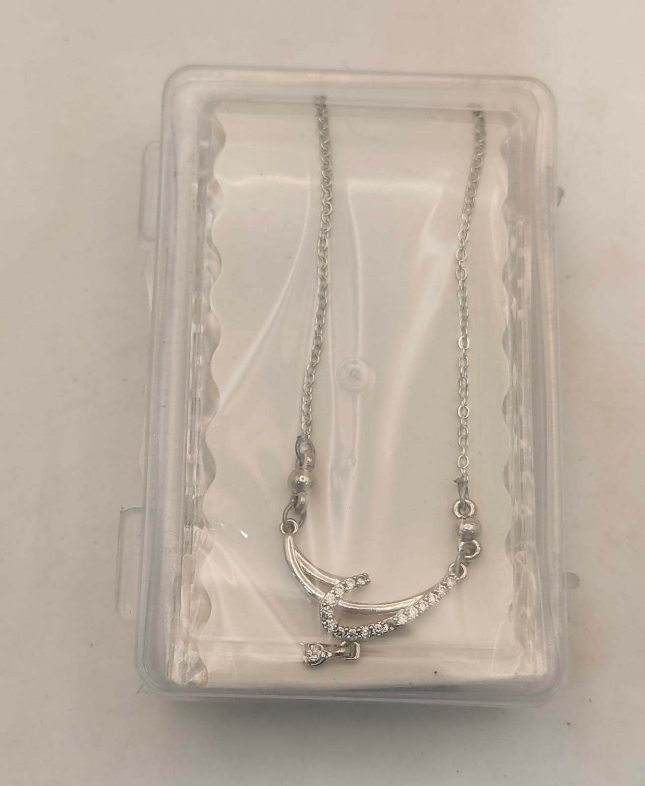 Silver Tone AD Pave Crescent Curve Drop Pendant Necklace