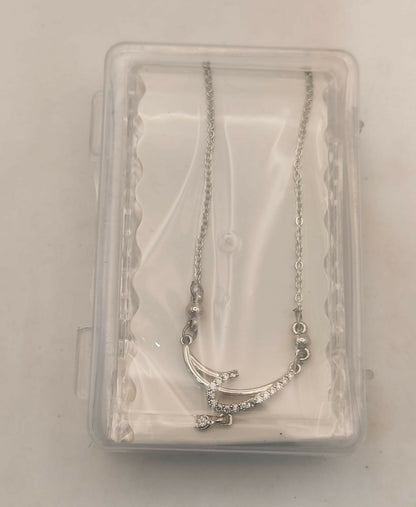 Silver Tone AD Pave Crescent Curve Drop Pendant Necklace