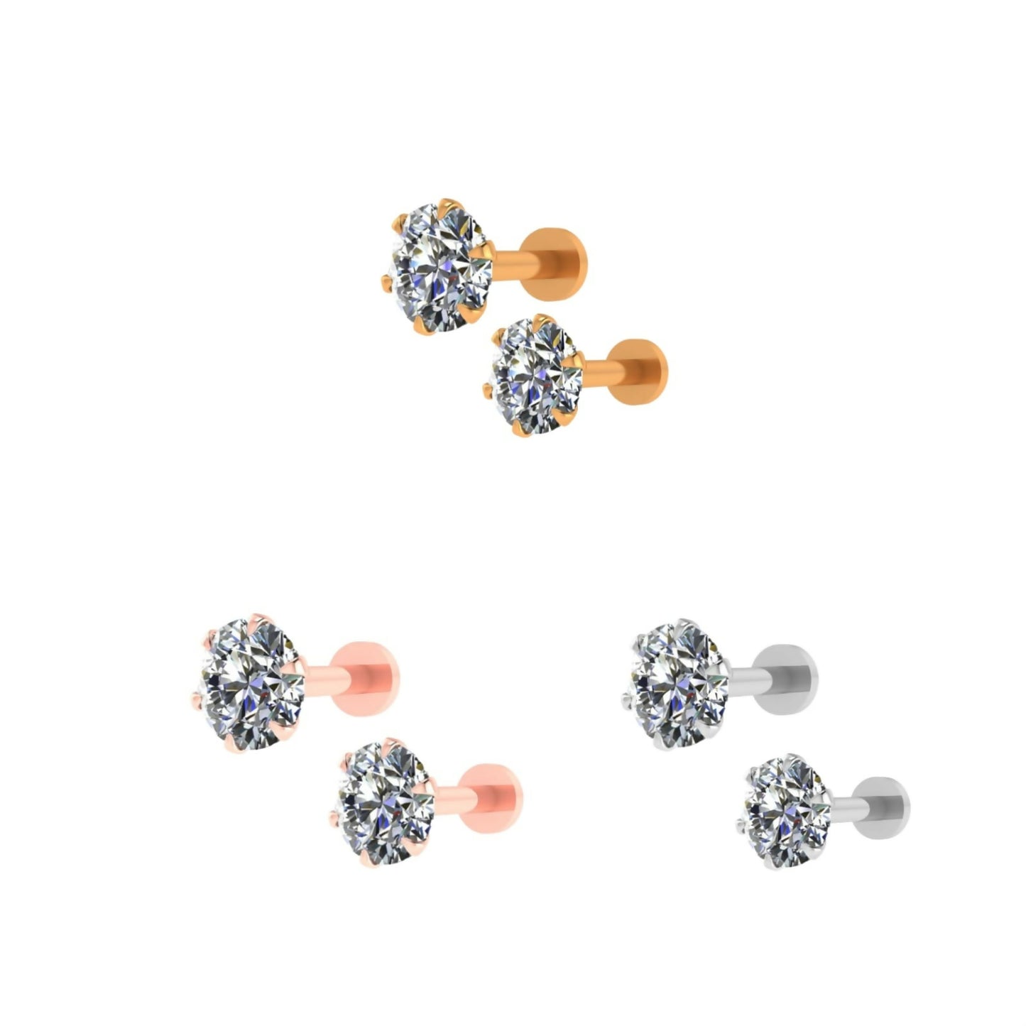 Silver Gold rose Plated Round AD Solitaire Flat Back Stud Earrings Combo Pack of 3