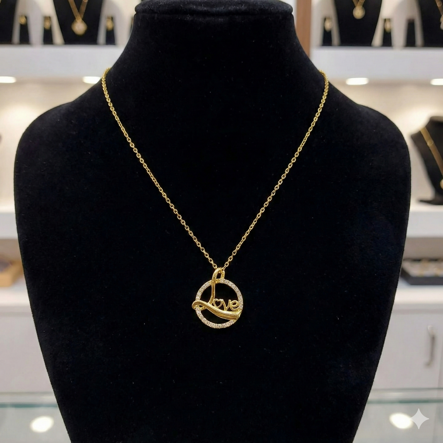 Love Script Circle Pendant Necklace hanging on a delicate gold chain bright and elegant
