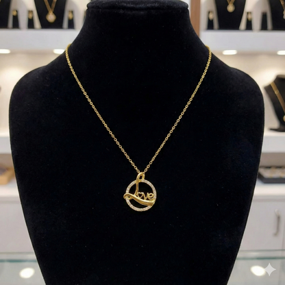 Love Script Circle Pendant Necklace hanging on a delicate gold chain bright and elegant