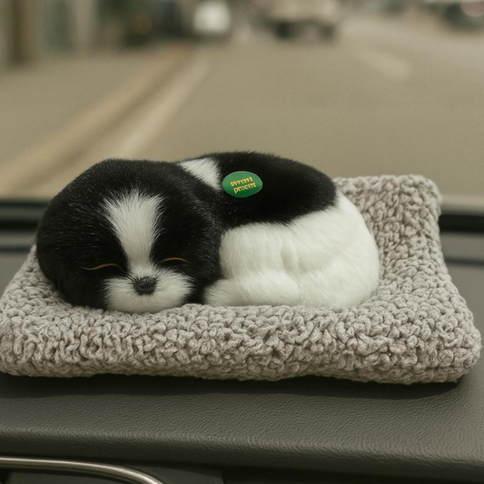Premium Black & White Sleeping Puppy Dashboard Toy – Ultra-Soft Faux Fur Realistic Dog Figurine with Cozy Plush Knitted Bed, Cute Car Dashboard Decor Ornament, Home & Office Table Showpiece, Adorable Gift for Dog Lovers & Kids