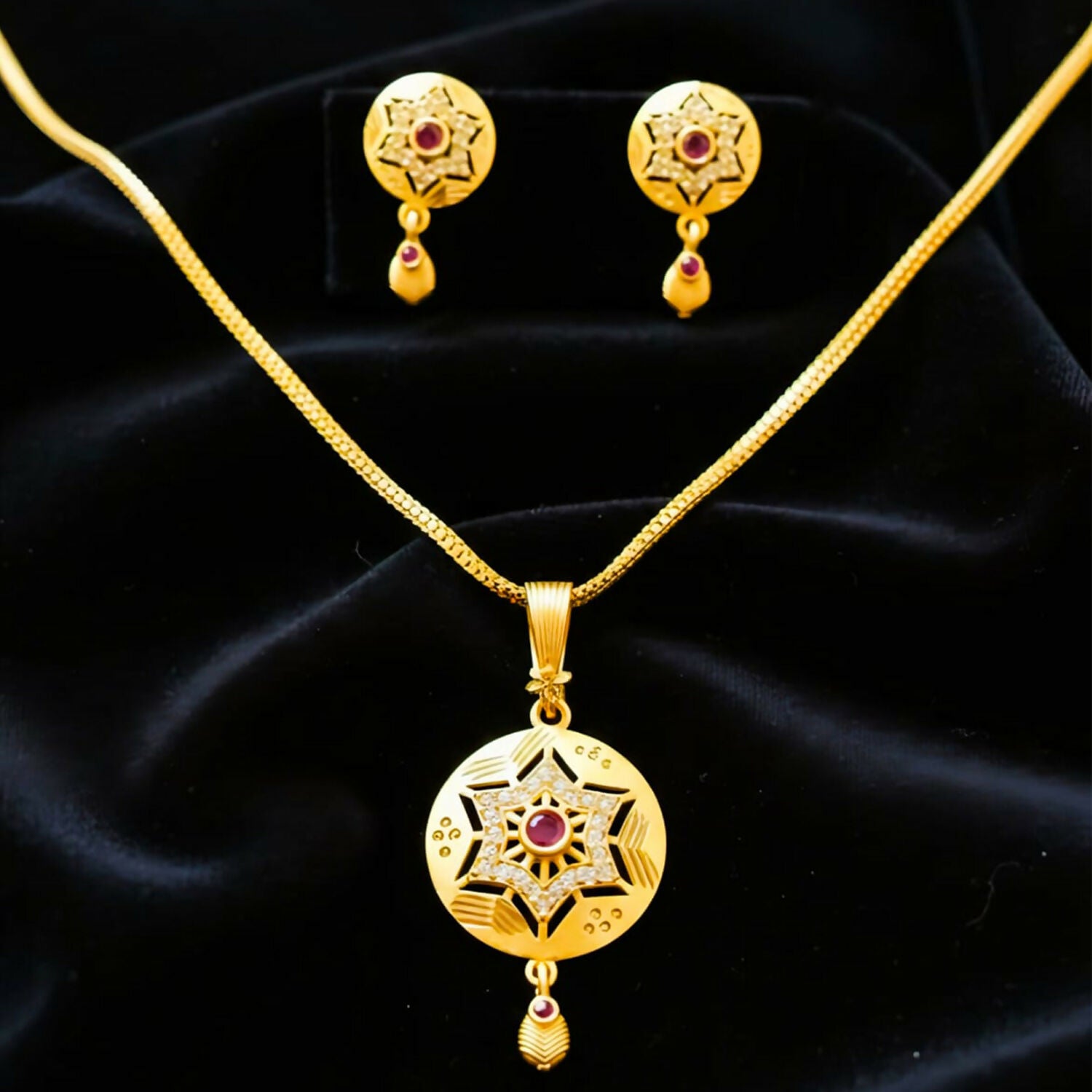 Ad Stone Brass Micro Polish Designer Daily Wear Chain Pendant with matching earrings