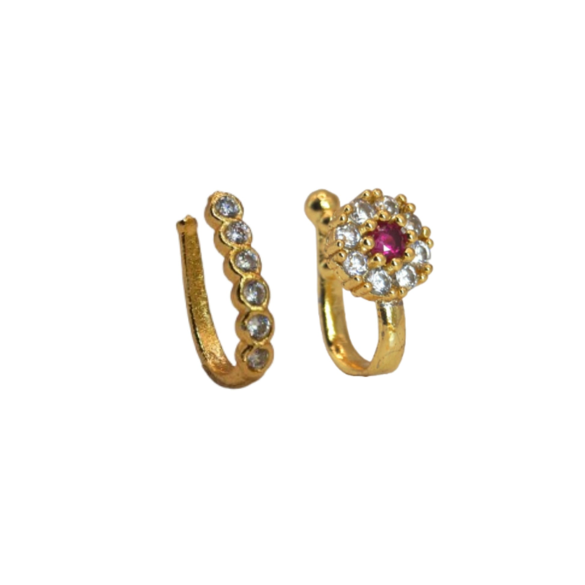 Ruby CZ Gold Plated Non-Piercing Flower Nose Ring/Clip-On Nath Combo Pack of 2