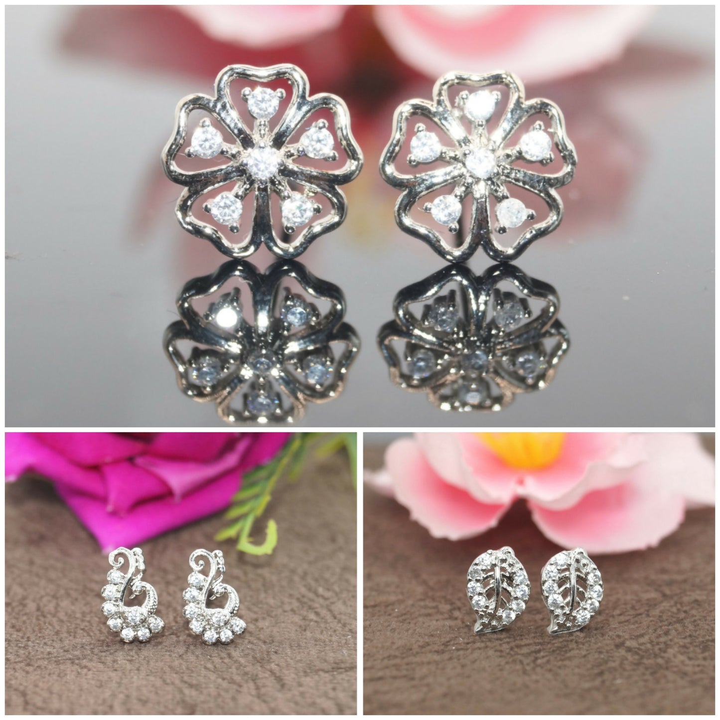 Diamond-style floral stud earrings set with sparkling CZ stones