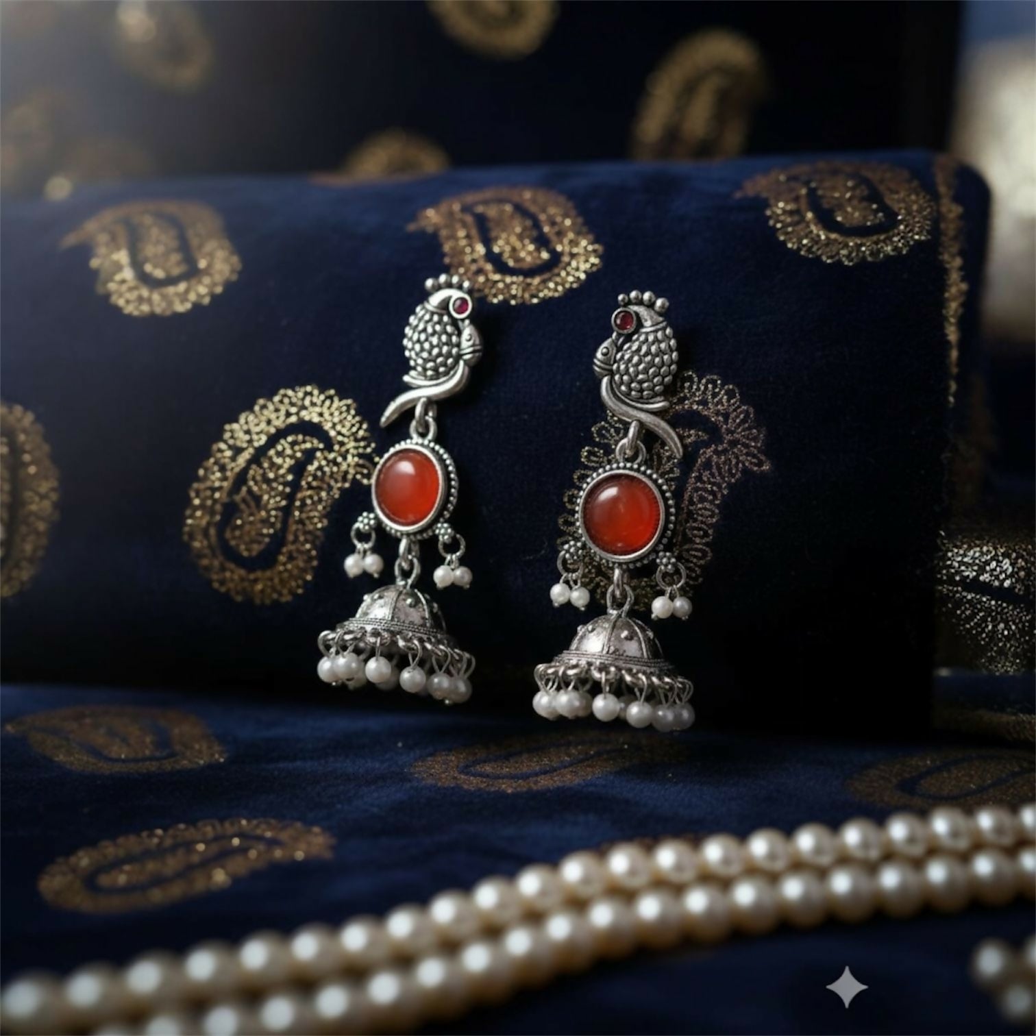 Oxidised Bird Design Jhumka Earrings with Stone Center and Pearl Drops for Women