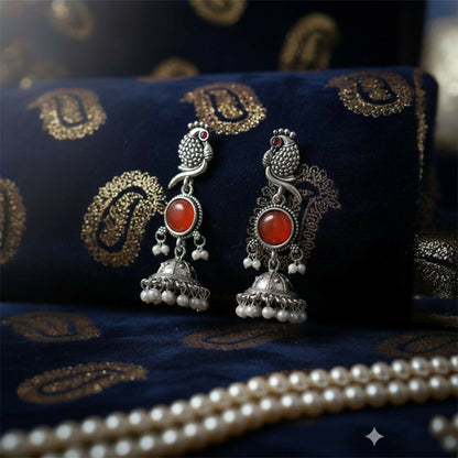 Oxidised Bird Design Jhumka Earrings with Stone Center and Pearl Drops for Women