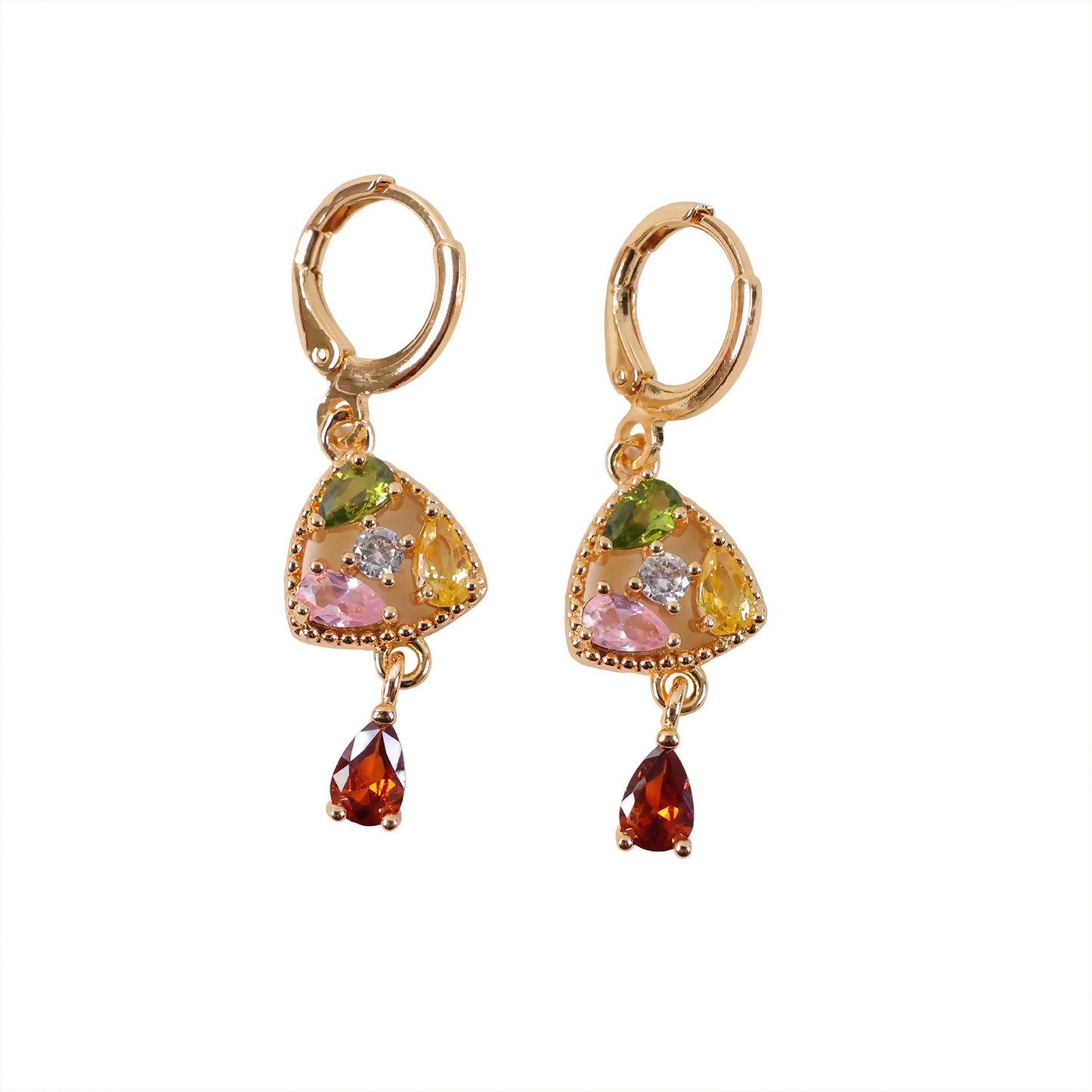 Festive look with gold-tone earrings featuring multicolor stones and hoop-lock clasp