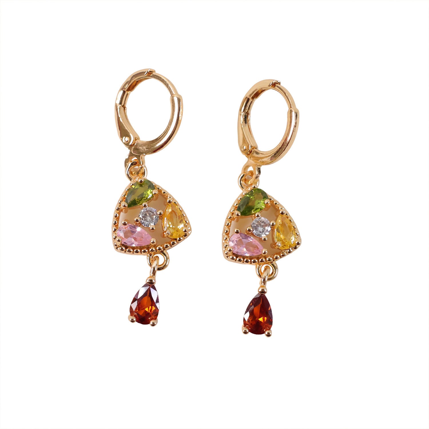 Festive look with gold-tone earrings featuring multicolor stones and hoop-lock clasp