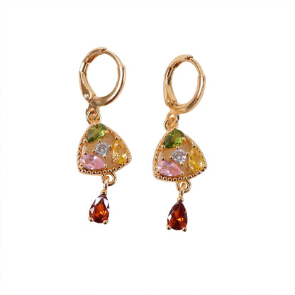 Festive look with gold-tone earrings featuring multicolor stones and hoop-lock clasp
