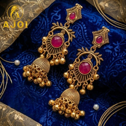 Antique Gold Plated Jhumka Earrings with Ruby Red Stone Traditional