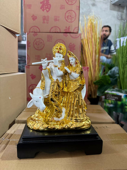 Radha Krishna with Cow Idol White and Golden Finish Statue for Home Temple Decor