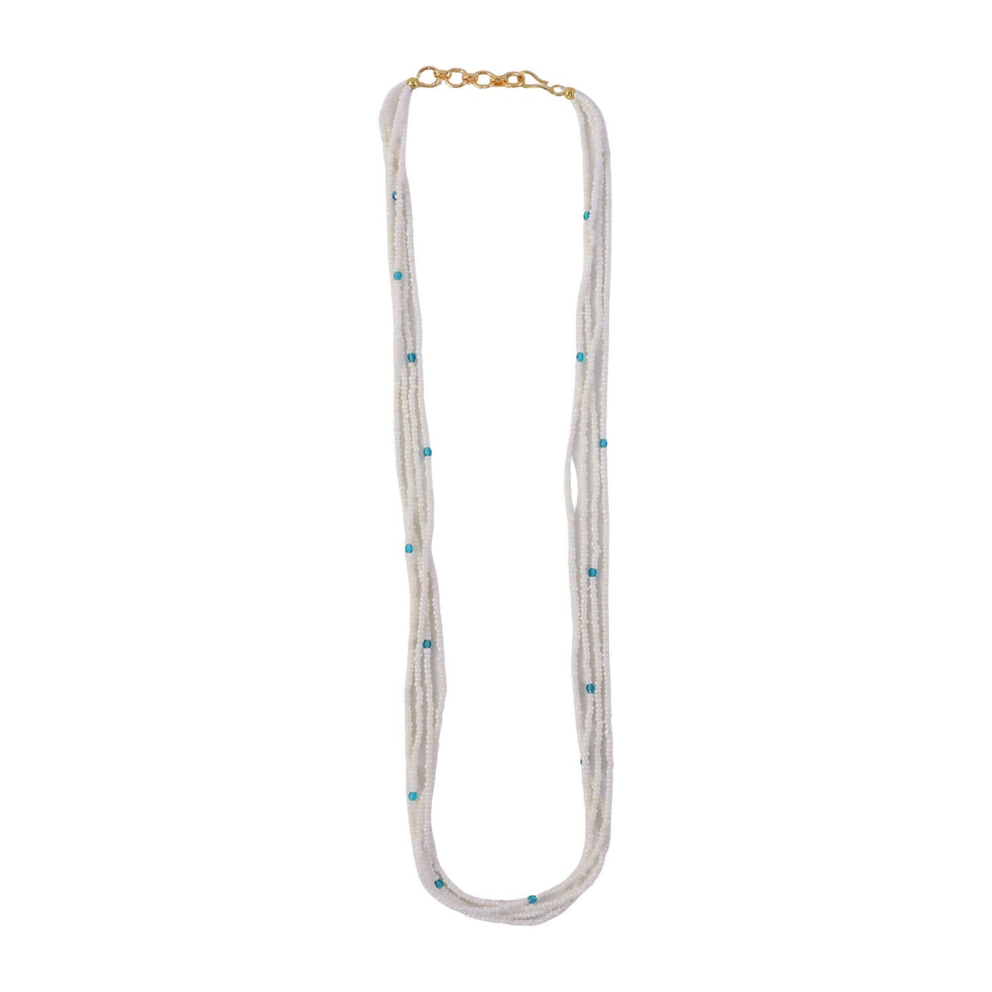 Side view of multi-layer pearl mala necklace with blue accents