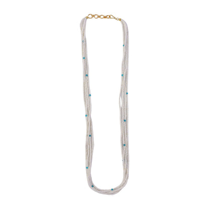 Side view of multi-layer pearl mala necklace with blue accents