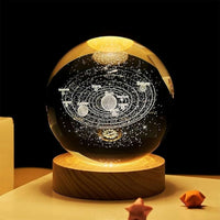 3D Crystal Solar System Night Lamp with Wooden Base, USB Powered Light