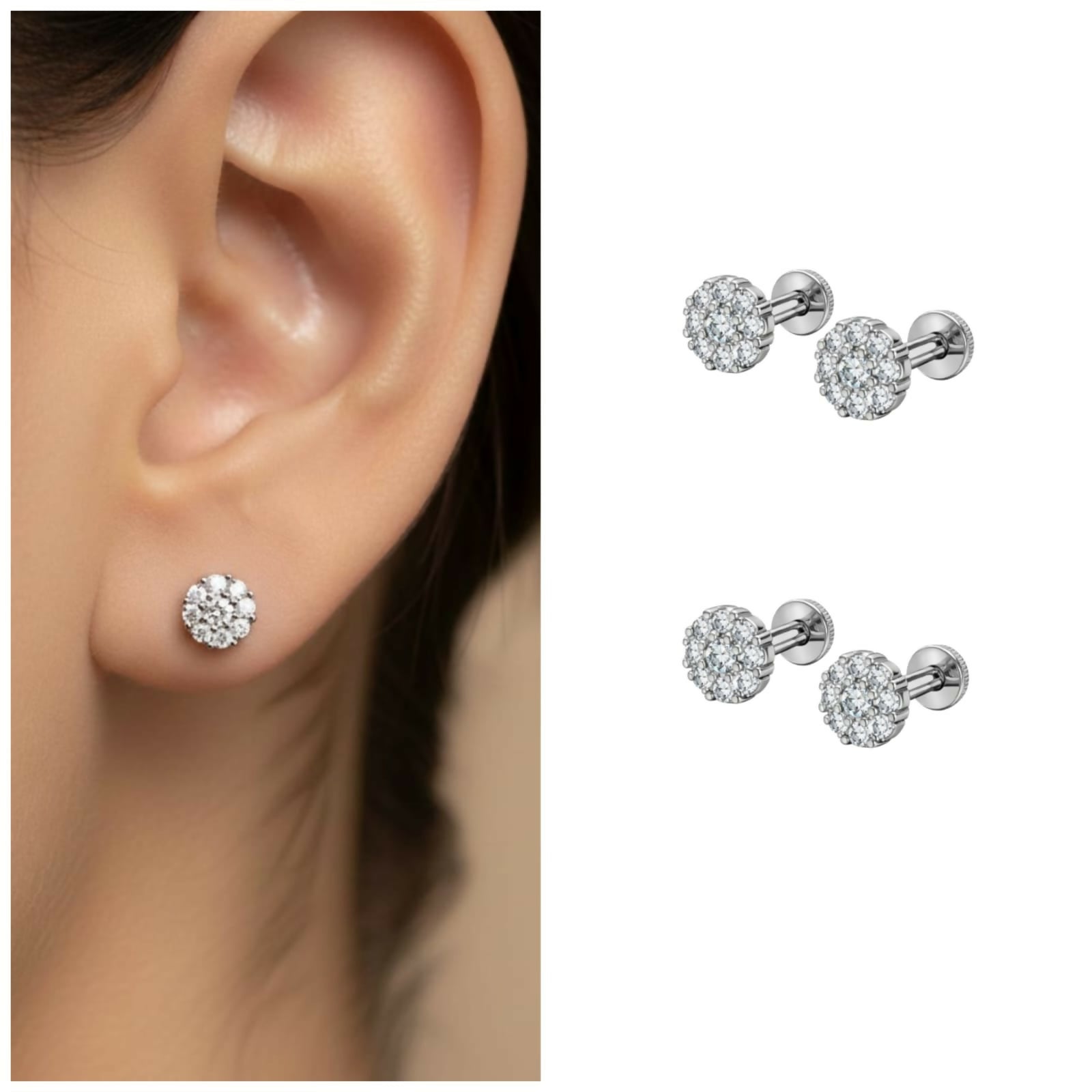 Silver plated AD flower cluster stud earrings combo pack showcasing sparkling cubic zirconia stones