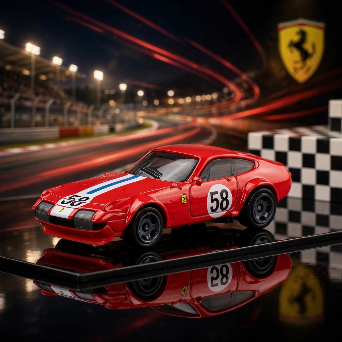A red Hot Wheels Ferrari with racing stripes and number 58 on the side, displayed on a reflective surface with a blurred