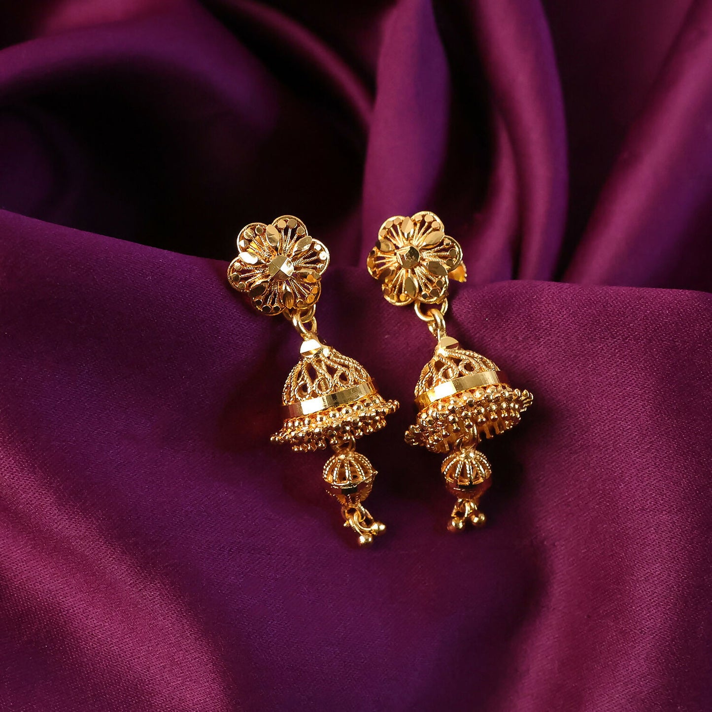 Premium Matte Gold Floral Drop Jhumkas – Lightweight Ethnic Jewelry