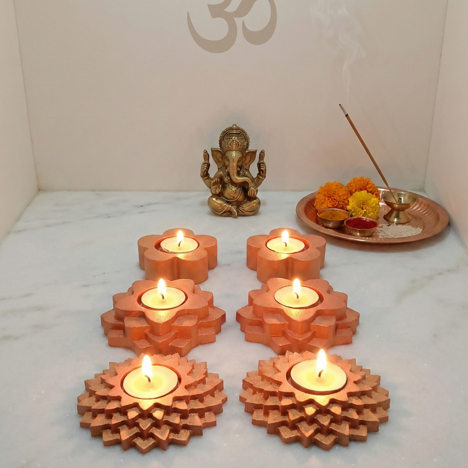 5-Step, 4-Step, Flower shaped combo gypsum articles – Multi-Purpose Candle Holder, Dhoop Cone Stand, Pooja Diya & Mini Planter (Pack of 6 - Rose Gold, Metallic Pink)