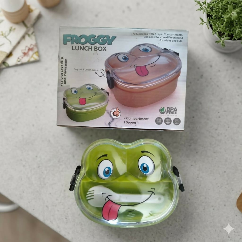 Frog lunch box packed with colorful snacks, ready to use