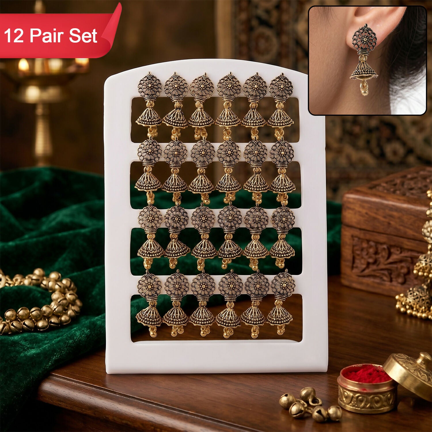 12 Pair Oxidised Round Floral Jhumka Earrings Set for Women