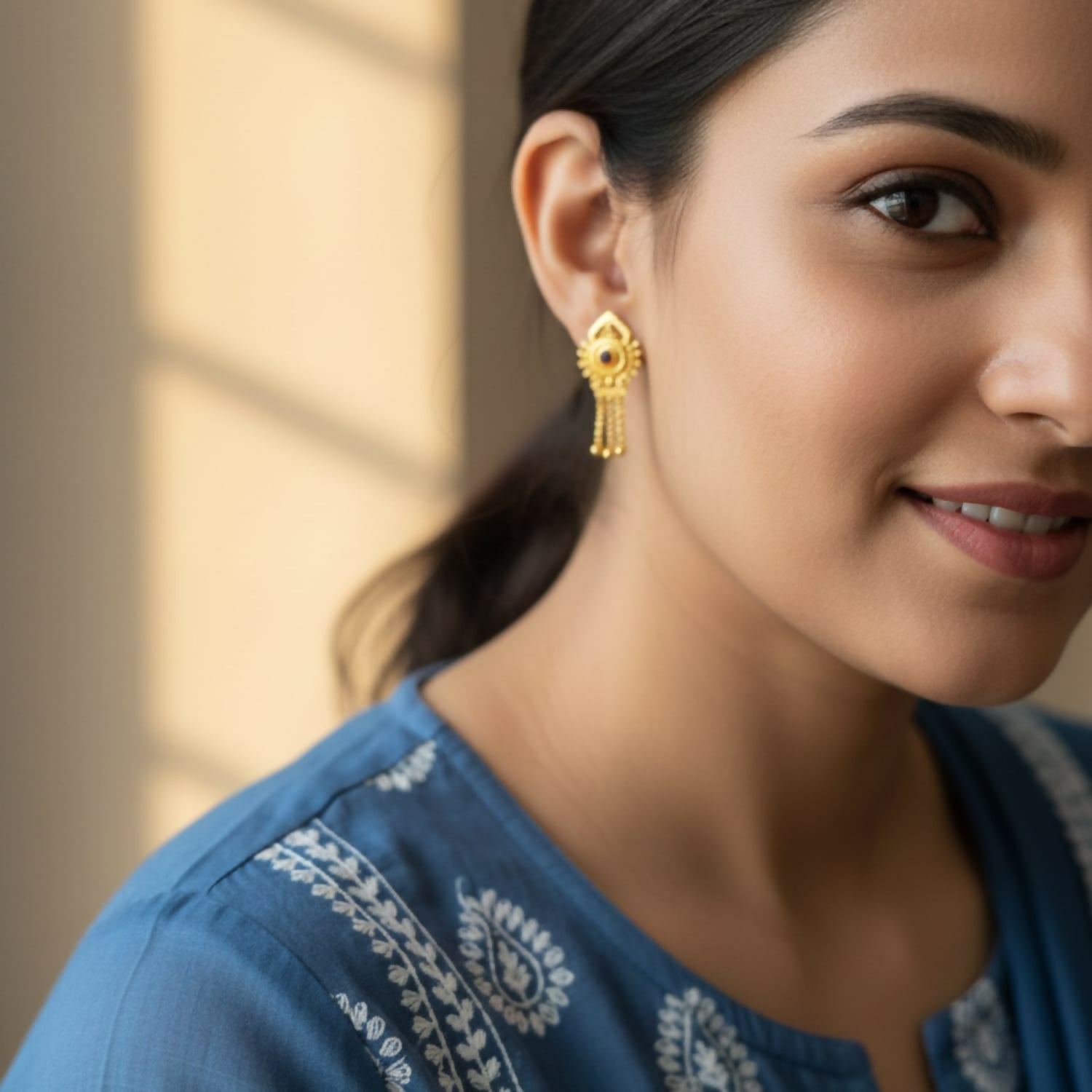 Close-up of traditional bell-shaped gold plated jhumka earrings with green and blue enamel