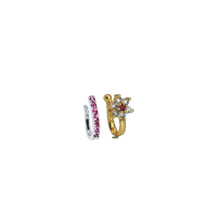 Close-up of ruby floral gold nose pin with sparkling cubic zirconia stones