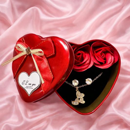 Heart Shape Gift Box with Artificial Roses & Butterfly Pendant Necklace for Gifting (DESIGN MAY VARY OF THE NECKLACE)