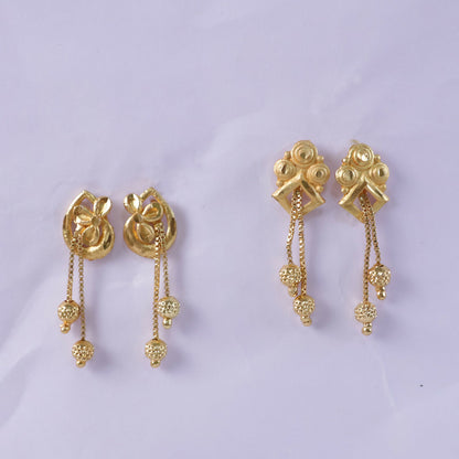 Premium Gold Earrings Combo Set with Floral Tops and Chain Tassel Drops (2 Pair)