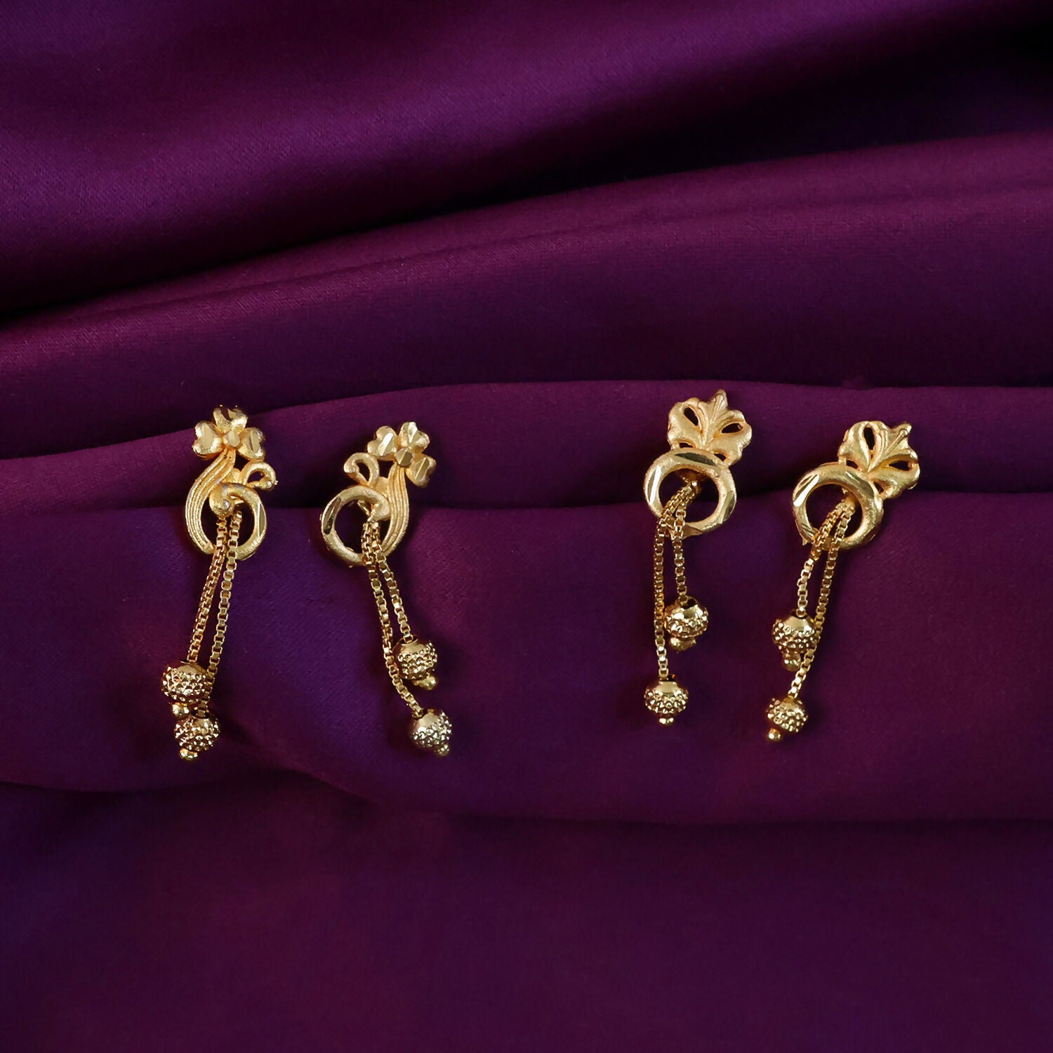 Elegant Gold-Toned Floral Drop Earrings Set with Chain Danglers & Beads (2 Pair)