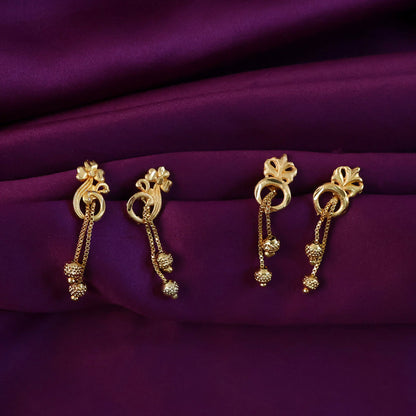 Elegant Gold-Toned Floral Drop Earrings Set with Chain Danglers & Beads (2 Pair)