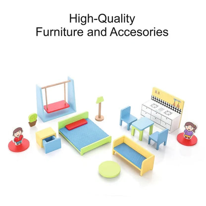 My Wooden Doll House Set for Girls with 4 Rooms (Multicolor)