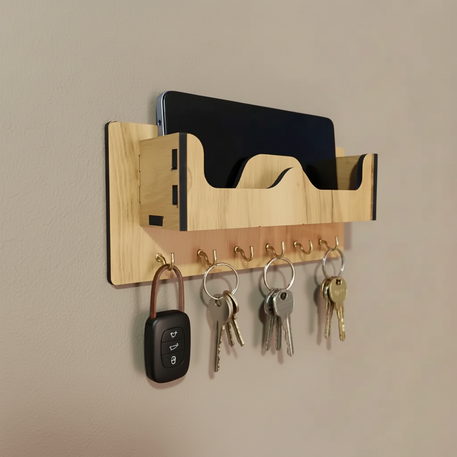 Wooden Wall Mounted Key Holder with Shelf for Mobile, Glasses and Daily Items