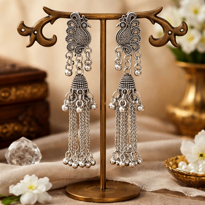 Oxidised silver peacock long chain jhumka earrings front view
