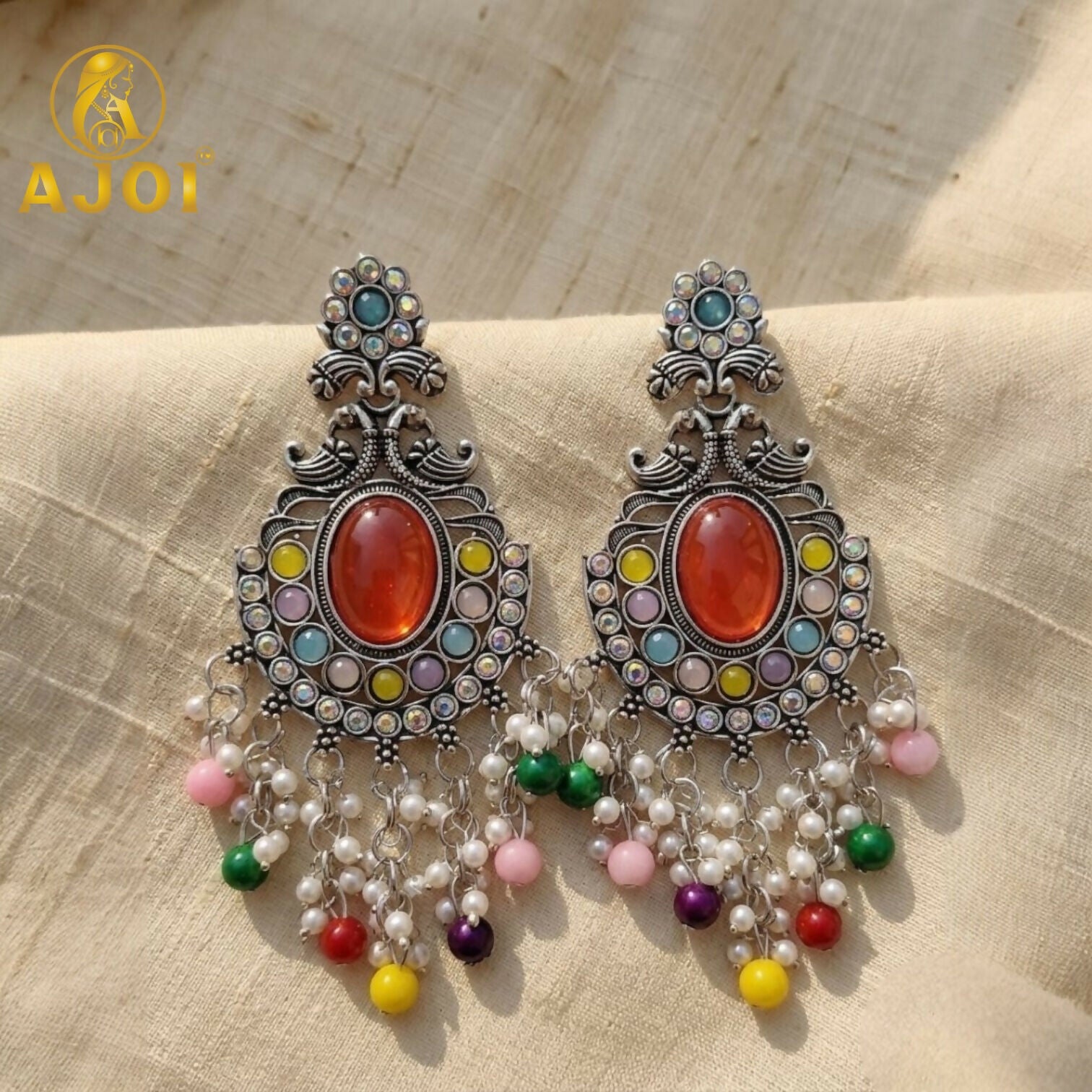 Oxidized Silver Multicolor Stone Chandbali Earrings with Pearl Bead Drops