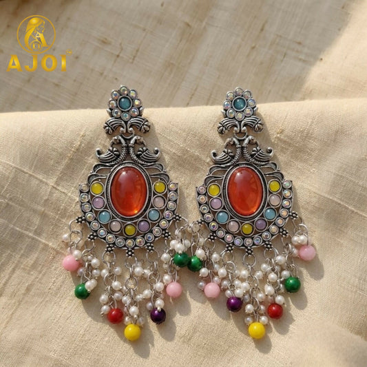 Oxidized Silver Multicolor Stone Chandbali Earrings with Pearl Bead Drops