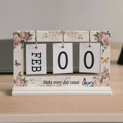 Floral Wooden Perpetual Desk Calendar with Motivational Quote – Vintage Style Flip Calendar with Months & Dates, Reusable Office Tabletop Decoration for Home, Office & Gift Purpose