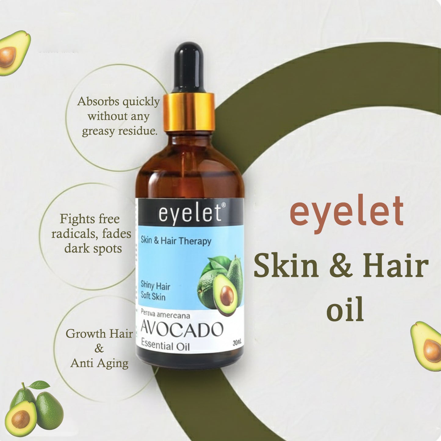 Eyelet Avocado Essential Oil for Soft Skin & Shiny, Conditioned Hair – 30ML