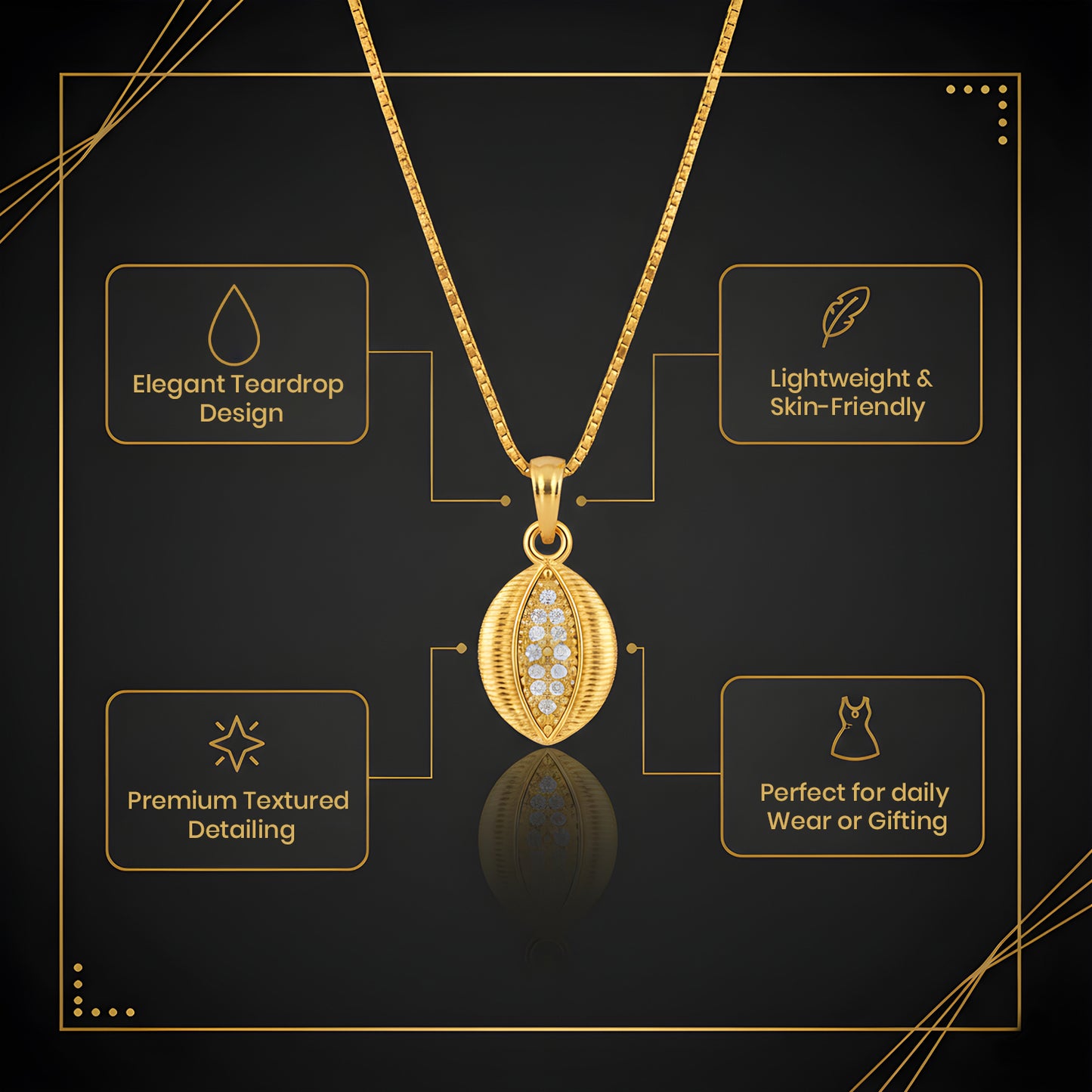 Gold-plated teardrop pendant necklace with intricate stone pattern hanging on durable chain