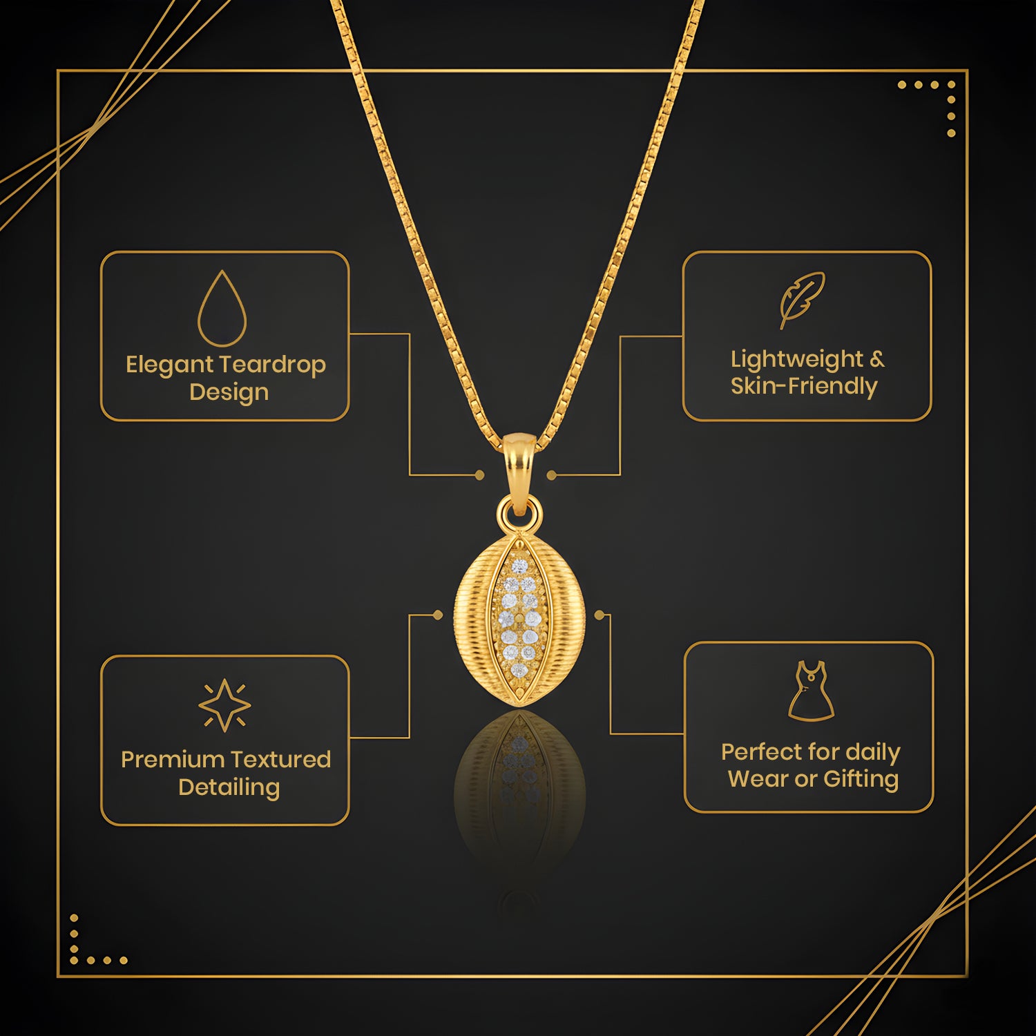 Gold-plated teardrop pendant necklace with intricate stone pattern hanging on durable chain