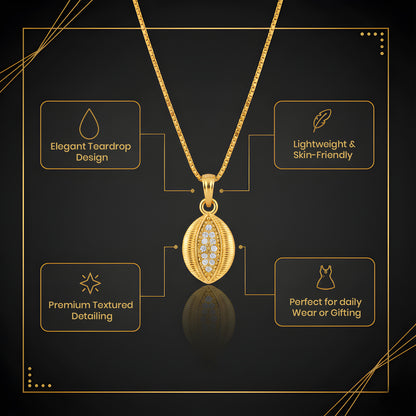 Gold-plated teardrop pendant necklace with intricate stone pattern hanging on durable chain