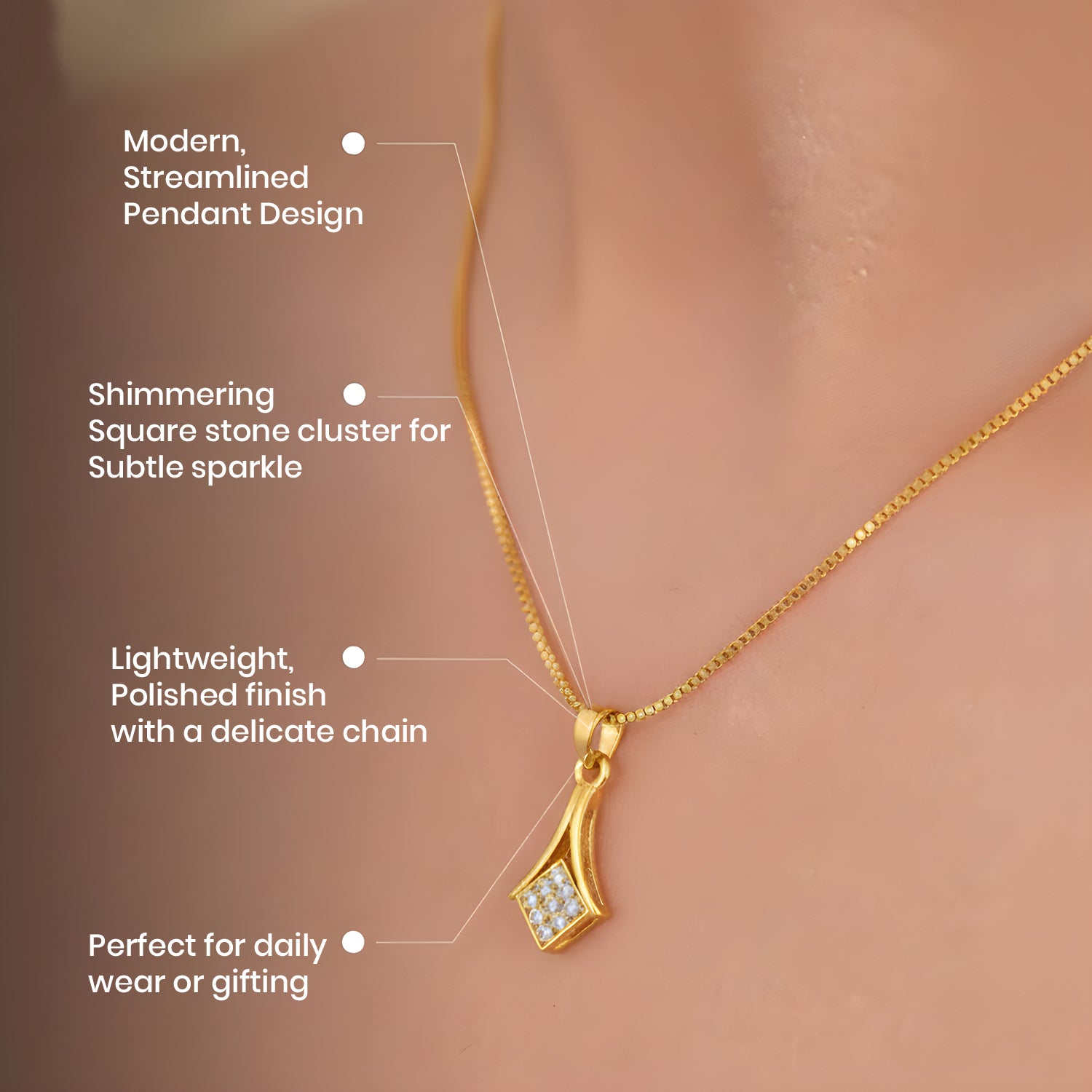 Pendant necklace with modern elongated design showcasing square stone cluster