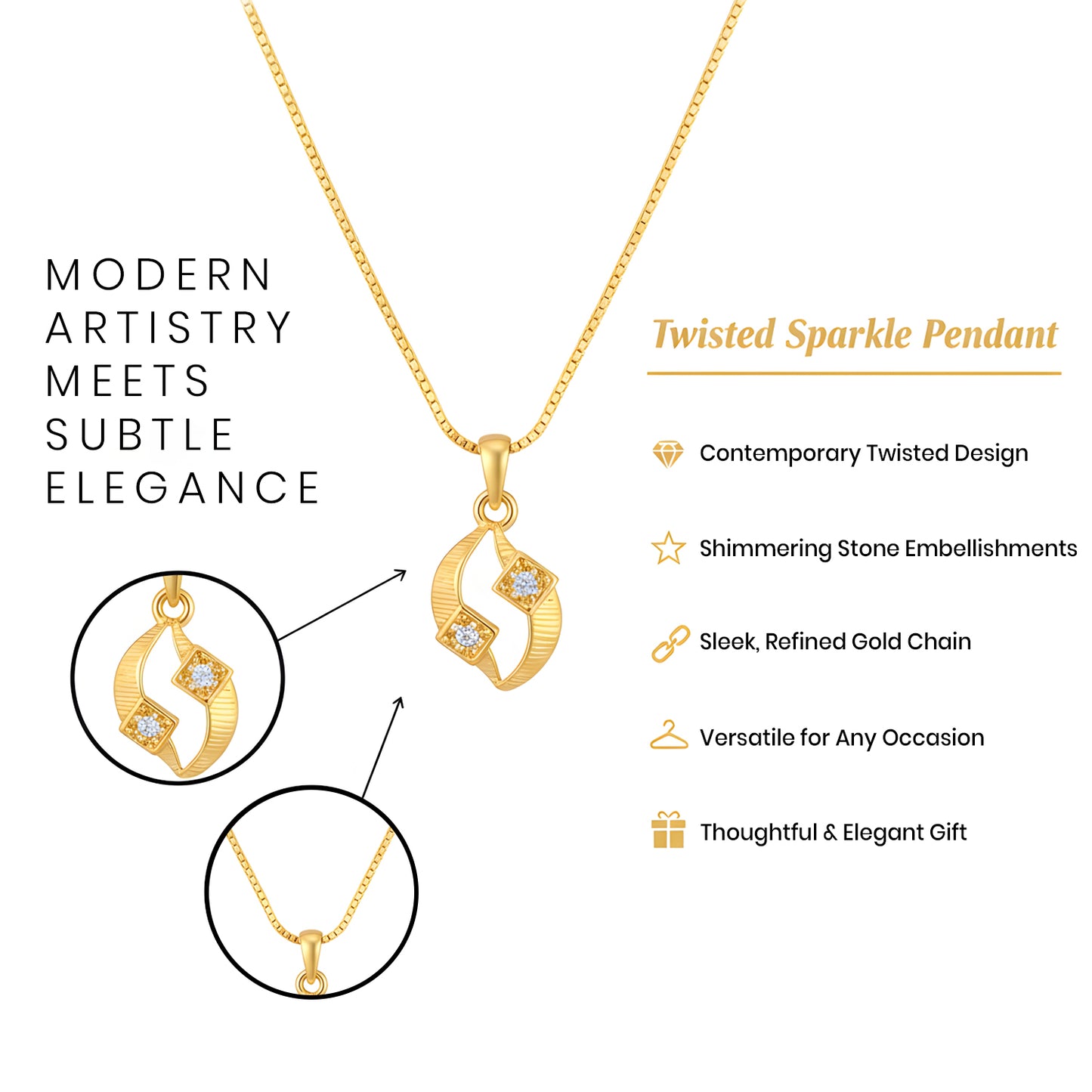 Model wearing twist pendant necklace with shiny stone details