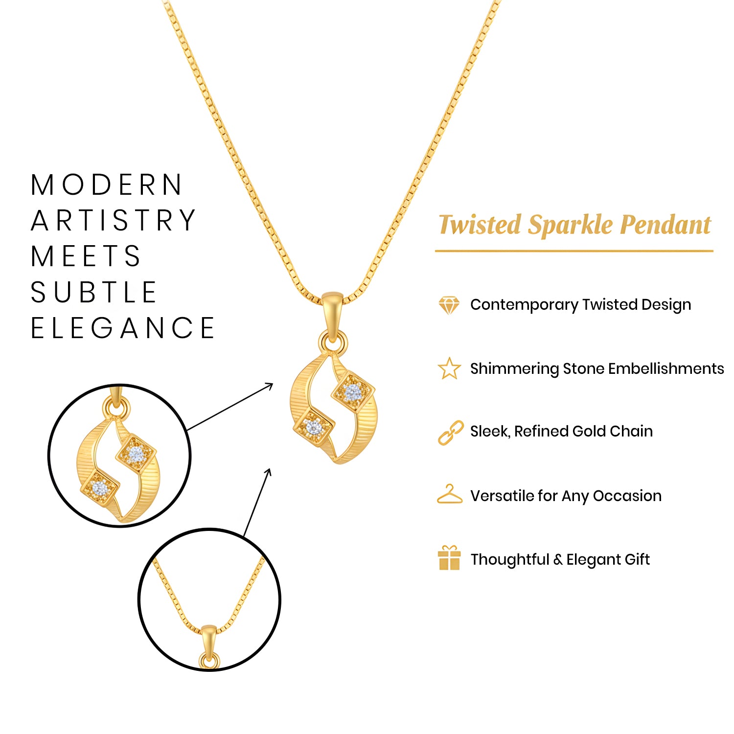 Model wearing twist pendant necklace with shiny stone details