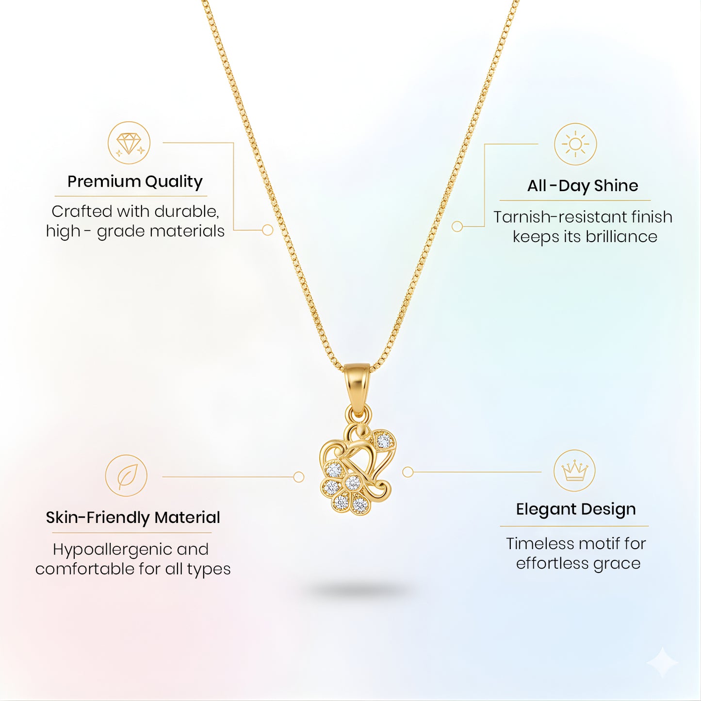 Model wearing floral heart pendant necklace with shimmering crystal embellishments