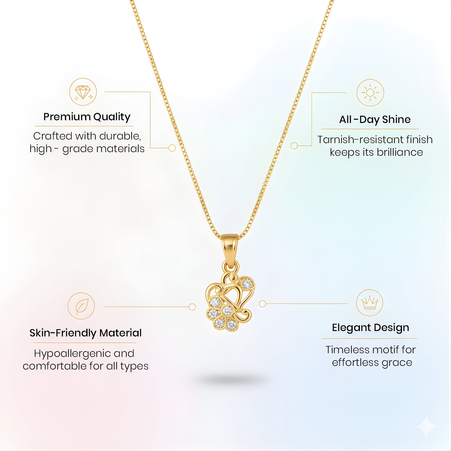 Model wearing floral heart pendant necklace with shimmering crystal embellishments